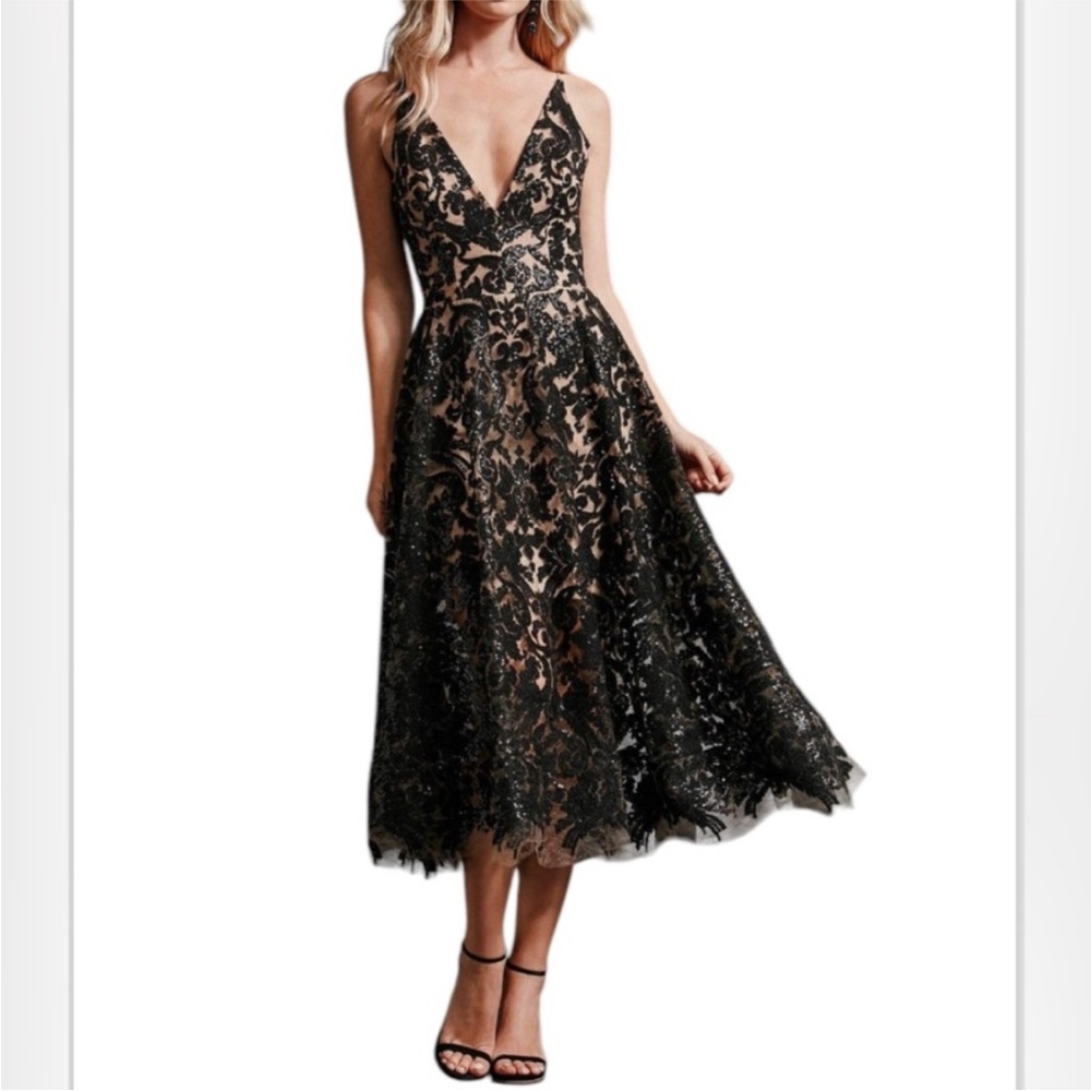 Dress The Population Black Nude Lace Sequin Blair Midi Dress - Women's Large